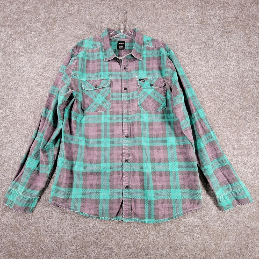 RVCA Panhandle Button Up Shirt Mens XL Gray Green Plaid Cotton Woven Regular Fit